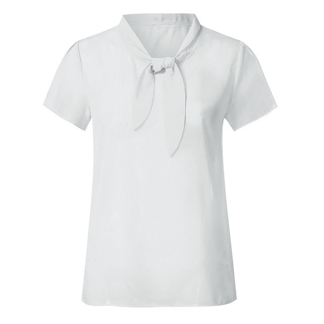 Women Elegant Blouse Short Sleeve Bow Chiffon Shirts Summer Tops Office Shirts Chemisier Femme Womens Tops And Blouses