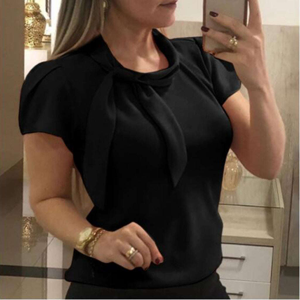 Women Elegant Blouse Short Sleeve Bow Chiffon Shirts Summer Tops Office Shirts Chemisier Femme Womens Tops And Blouses