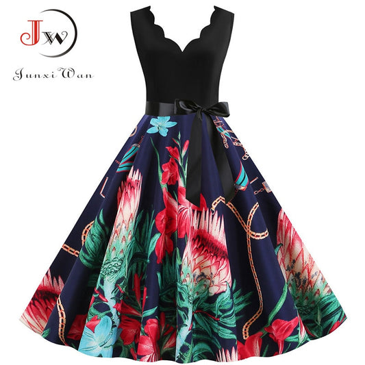 Women Floral Print Black Summer Dress Casual Sleeveless Petal V Neck Elegant Vintage Party Dress Robe Plus Size vestidos S~3XL