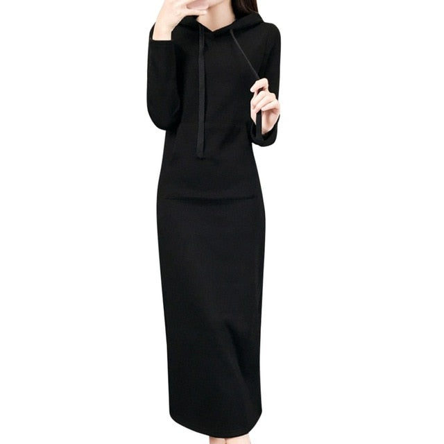 Women Leisure Autumn Winter Dress Fashion O-Neck Hoodie Long Sleeve Pure Color Hooded Loose Casual Ladies Dress Black #L40