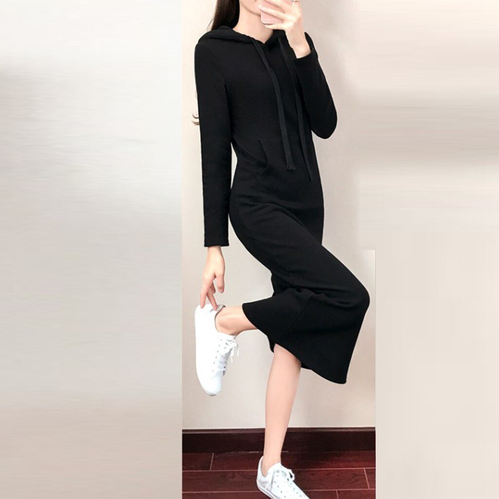 Women Leisure Autumn Winter Dress Fashion O-Neck Hoodie Long Sleeve Pure Color Hooded Loose Casual Ladies Dress Black #L40