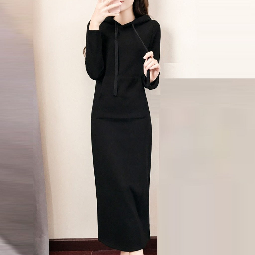 Women Leisure Autumn Winter Dress Fashion O-Neck Hoodie Long Sleeve Pure Color Hooded Loose Casual Ladies Dress Black #L40