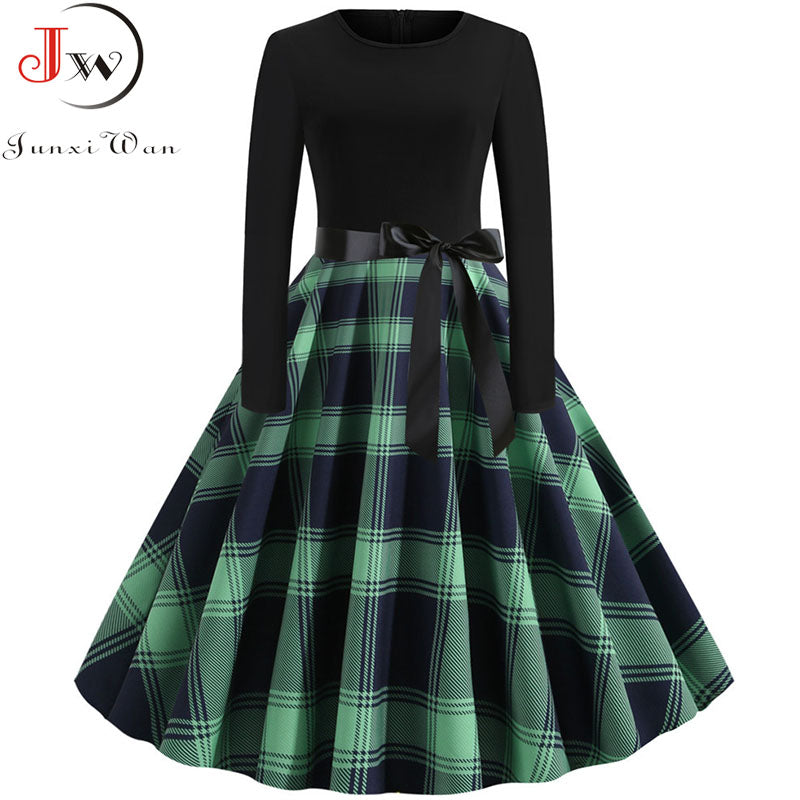 Women Long Sleeve Plaid Print Winter Dress Casual Black Patchwork Vintage Rockabilly Dress Robe Slim Elegant Party vestidos