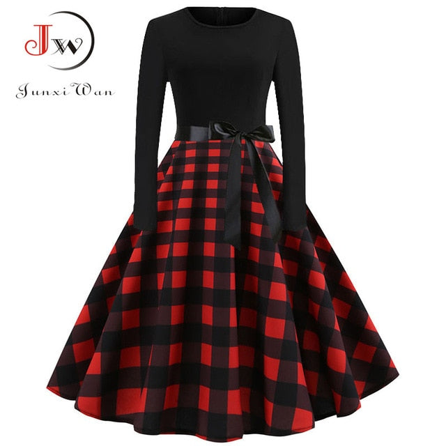 Women Long Sleeve Plaid Print Winter Dress Casual Black Patchwork Vintage Rockabilly Dress Robe Slim Elegant Party vestidos