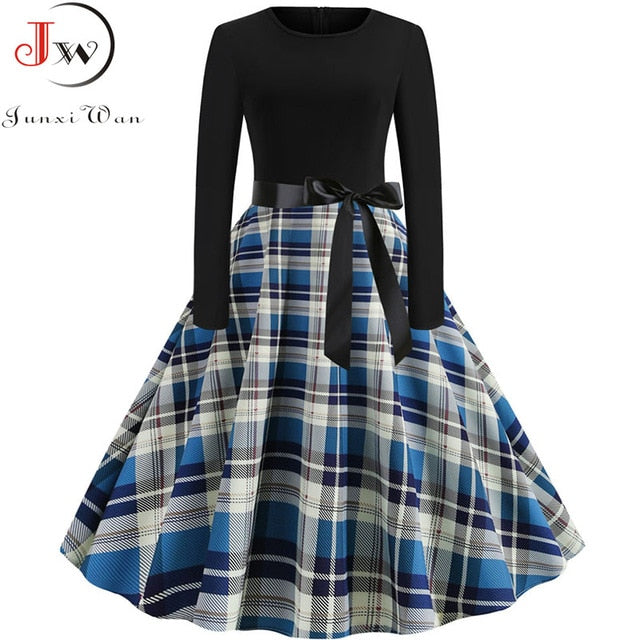 Women Long Sleeve Plaid Print Winter Dress Casual Black Patchwork Vintage Rockabilly Dress Robe Slim Elegant Party vestidos
