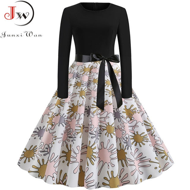 Women Long Sleeve Plaid Print Winter Dress Casual Black Patchwork Vintage Rockabilly Dress Robe Slim Elegant Party vestidos