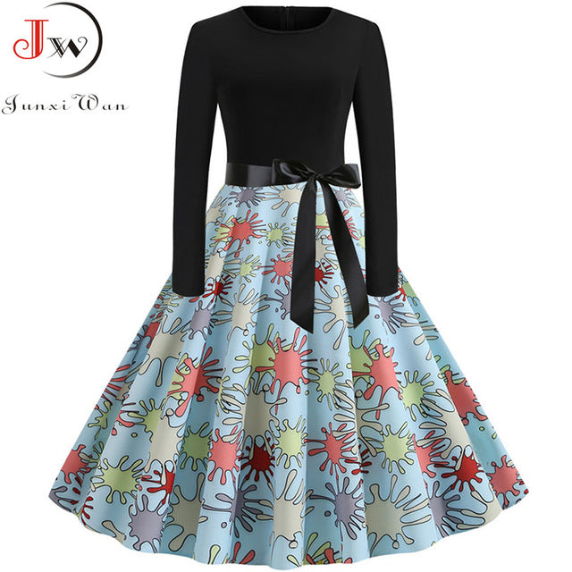 Women Long Sleeve Plaid Print Winter Dress Casual Black Patchwork Vintage Rockabilly Dress Robe Slim Elegant Party vestidos
