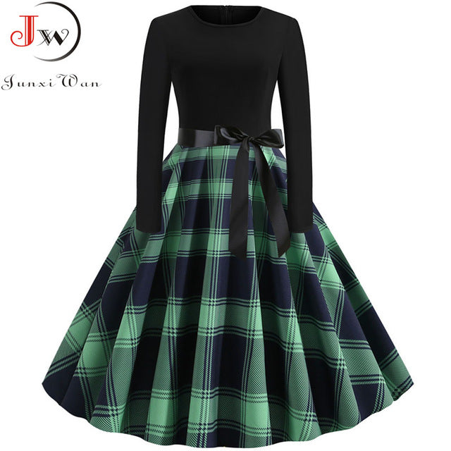 Women Long Sleeve Plaid Print Winter Dress Casual Black Patchwork Vintage Rockabilly Dress Robe Slim Elegant Party vestidos