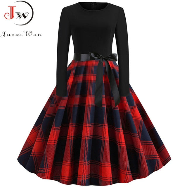 Women Long Sleeve Plaid Print Winter Dress Casual Black Patchwork Vintage Rockabilly Dress Robe Slim Elegant Party vestidos