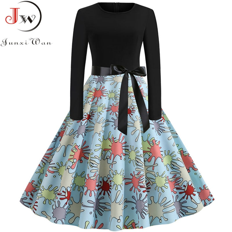 Women Long Sleeve Plaid Print Winter Dress Casual Black Patchwork Vintage Rockabilly Dress Robe Slim Elegant Party vestidos