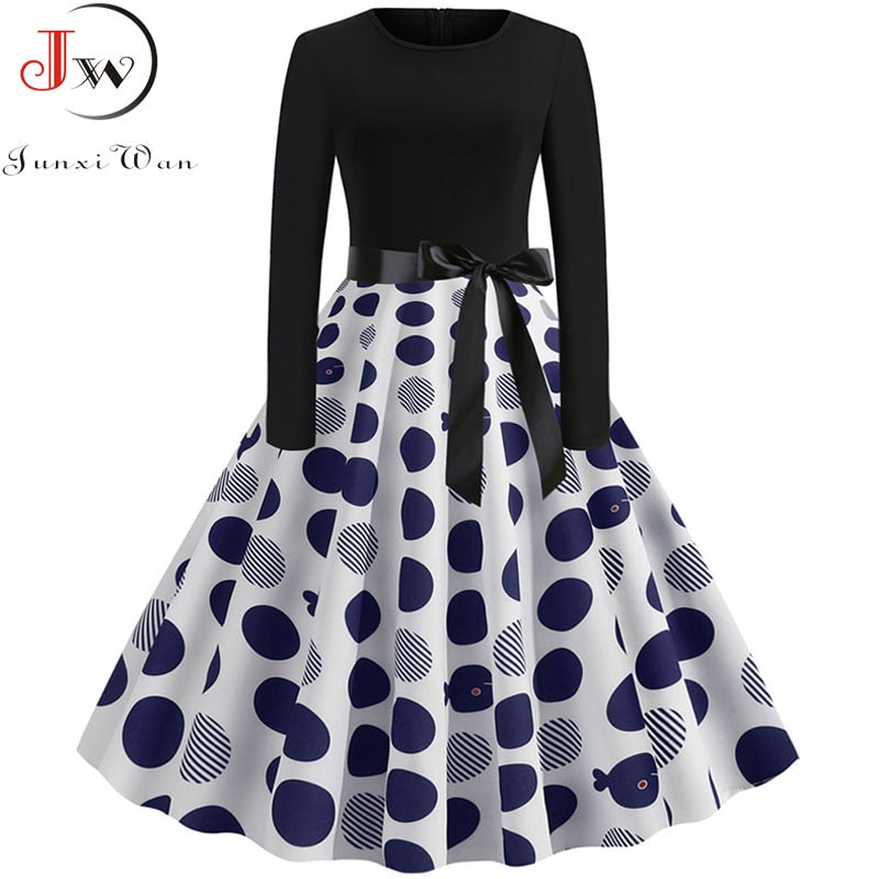 Women Long Sleeve Plaid Print Winter Dress Casual Black Patchwork Vintage Rockabilly Dress Robe Slim Elegant Party vestidos