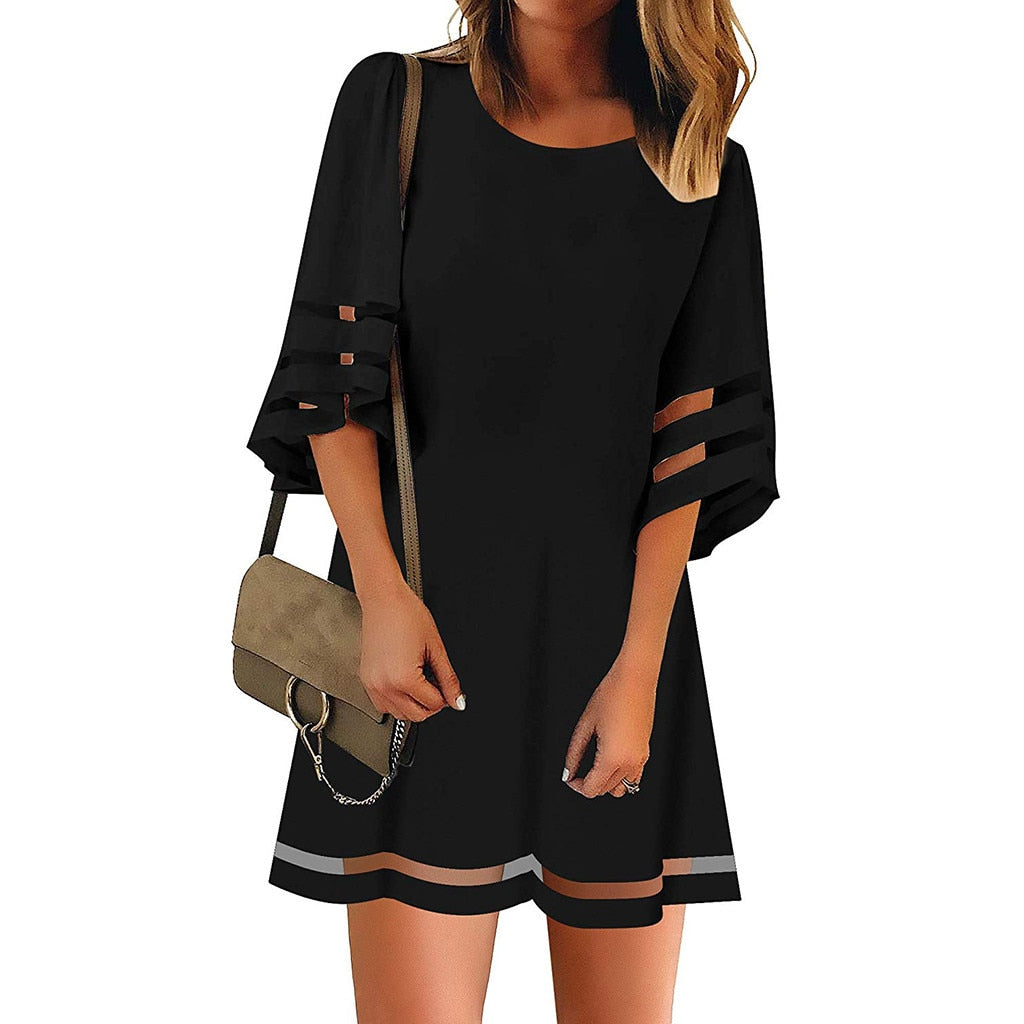 Women Mini Dress Sexy Summer Dress 2020 Mesh O Neck Mesh Panel 3/4 Bell Sleeve T Shirt Beach Casual Dress Vestidos De Verano #50