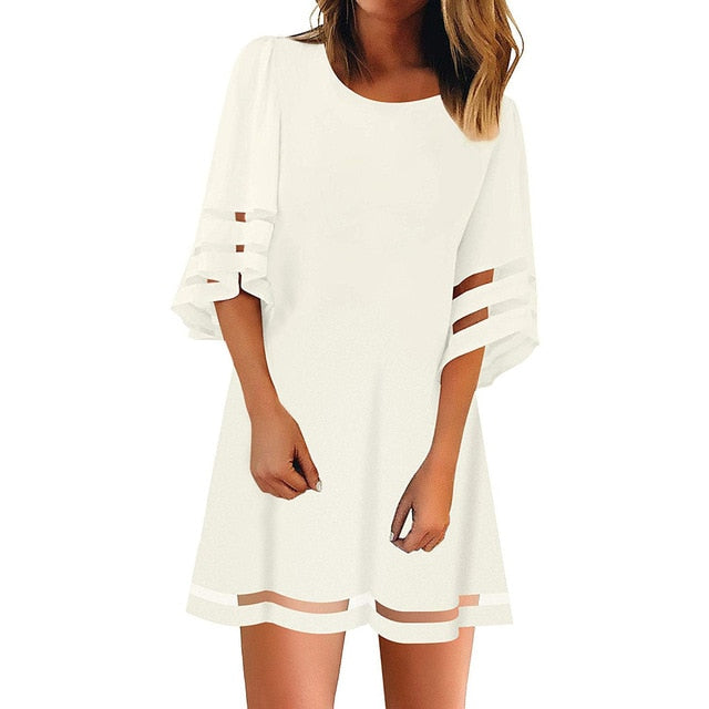 Women Mini Dress Sexy Summer Dress 2020 Mesh O Neck Mesh Panel 3/4 Bell Sleeve T Shirt Beach Casual Dress Vestidos De Verano #50