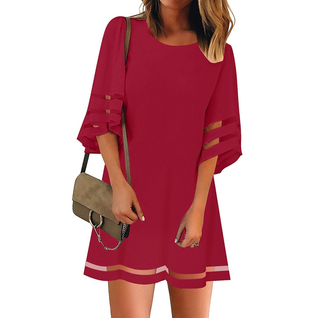 Women Mini Dress Sexy Summer Dress 2020 Mesh O Neck Mesh Panel 3/4 Bell Sleeve T Shirt Beach Casual Dress Vestidos De Verano #50