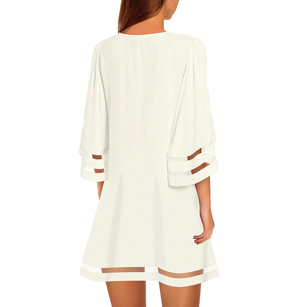 Women Mini Dress Sexy Summer Dress 2020 Mesh O Neck Mesh Panel 3/4 Bell Sleeve T Shirt Beach Casual Dress Vestidos De Verano #50