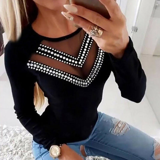 Women's Blouse Fashion Long Sleeve Solid Simple Clothing New Fashion Tops Shirt Elegant Slim Diamond Ladies 829