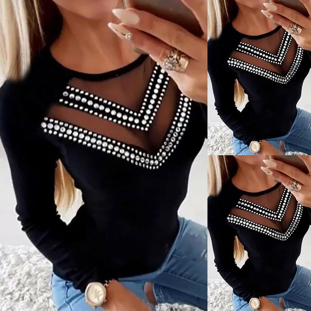Women's Blouse Fashion Long Sleeve Solid Simple Clothing New Fashion Tops Shirt Elegant Slim Diamond Ladies 829