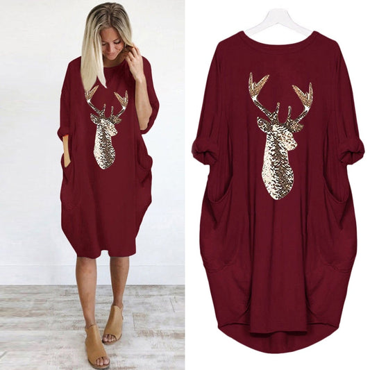 Womens Christmas Deer Print Dress Plus Size Loose Tops Ladies O Neck Long Pocket Christmas Clothes Dress vestidos 2019 NEW