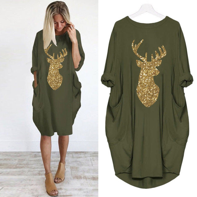 Womens Christmas Deer Print Dress Plus Size Loose Tops Ladies O Neck Long Pocket Christmas Clothes Dress vestidos 2019 NEW