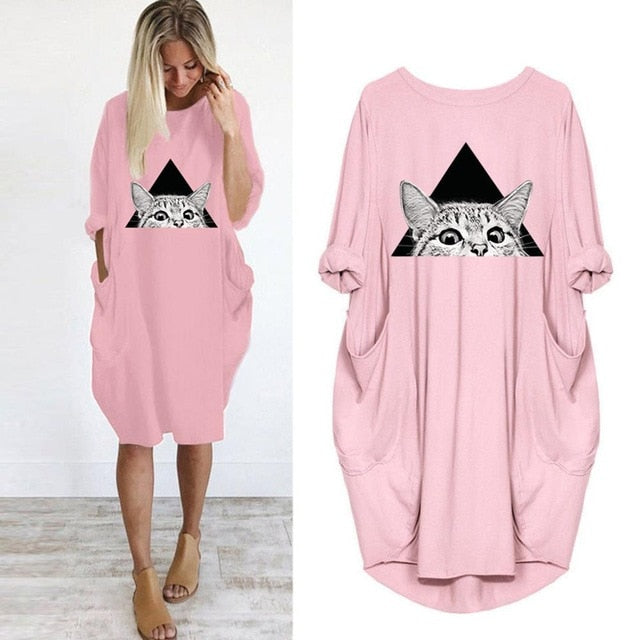 Womens Christmas Deer Print Dress Plus Size Loose Tops Ladies O Neck Long Pocket Christmas Clothes Dress vestidos 2019 NEW