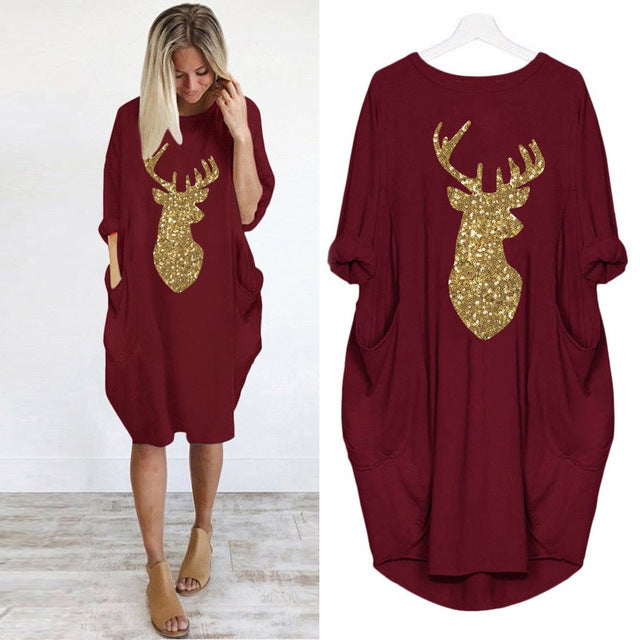 Womens Christmas Deer Print Dress Plus Size Loose Tops Ladies O Neck Long Pocket Christmas Clothes Dress vestidos 2019 NEW