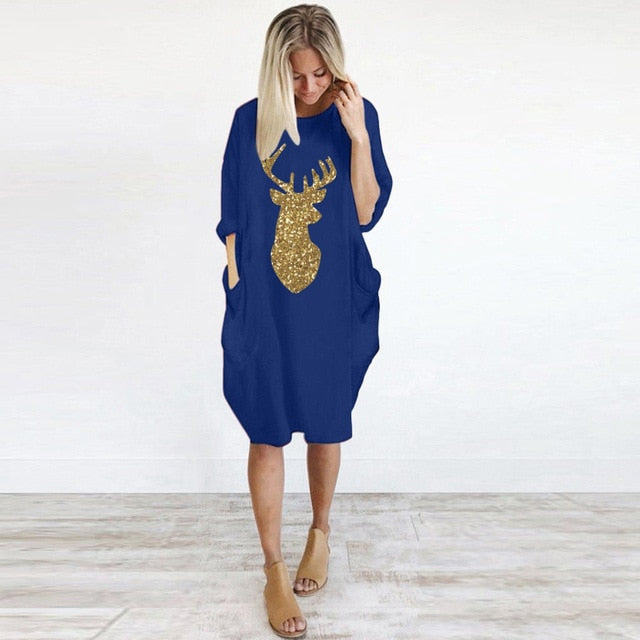 Womens Christmas Deer Print Dress Plus Size Loose Tops Ladies O Neck Long Pocket Christmas Clothes Dress vestidos 2019 NEW