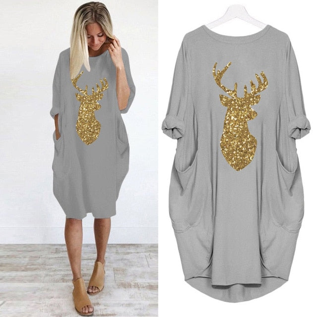 Womens Christmas Deer Print Dress Plus Size Loose Tops Ladies O Neck Long Pocket Christmas Clothes Dress vestidos 2019 NEW