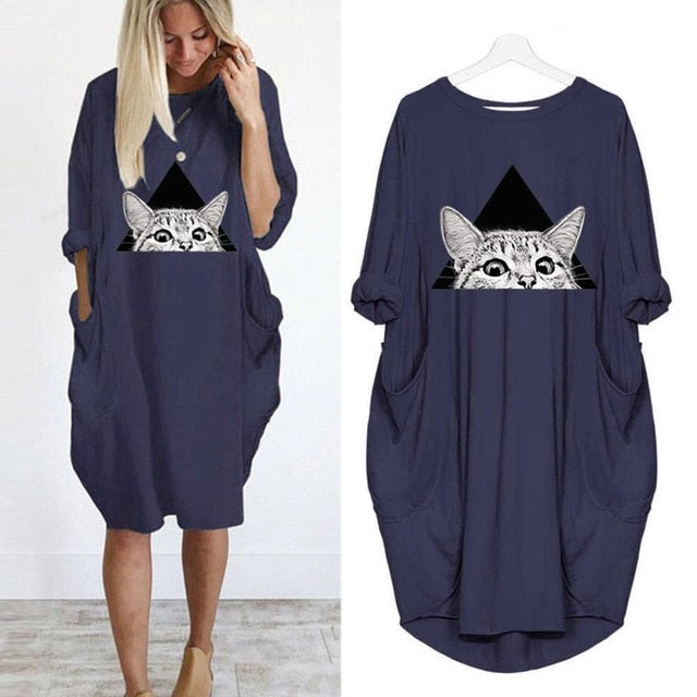 Womens Christmas Deer Print Dress Plus Size Loose Tops Ladies O Neck Long Pocket Christmas Clothes Dress vestidos 2019 NEW