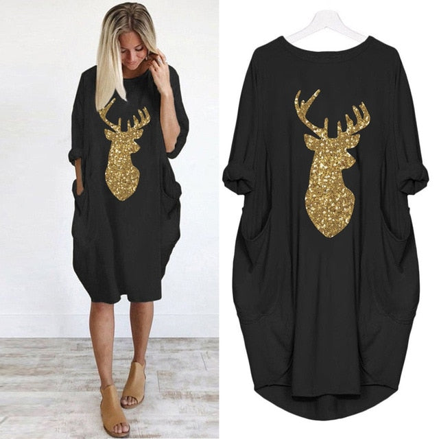 Womens Christmas Deer Print Dress Plus Size Loose Tops Ladies O Neck Long Pocket Christmas Clothes Dress vestidos 2019 NEW