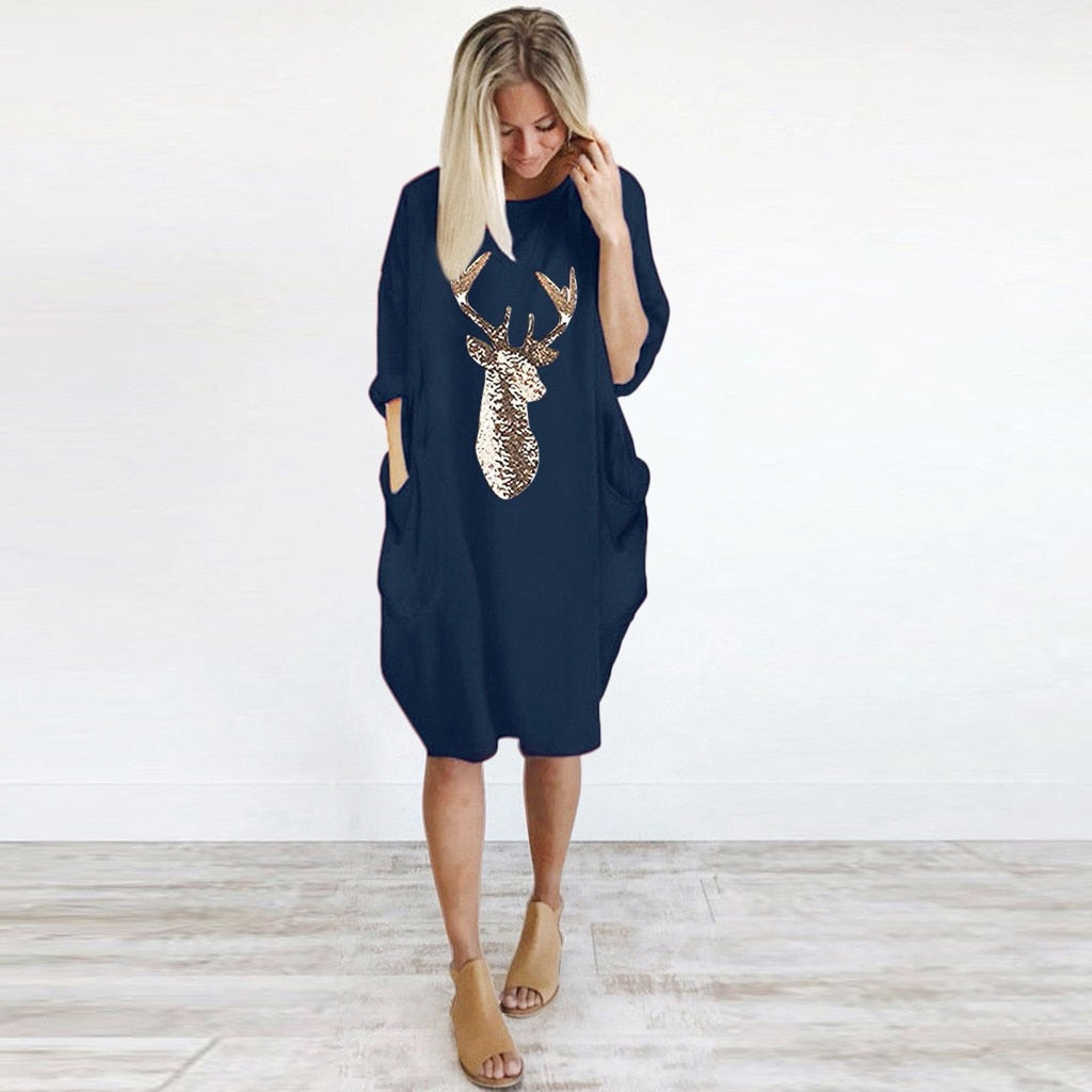 Womens Christmas Deer Print Dress Plus Size Loose Tops Ladies O Neck Long Pocket Christmas Clothes Dress vestidos 2019 NEW