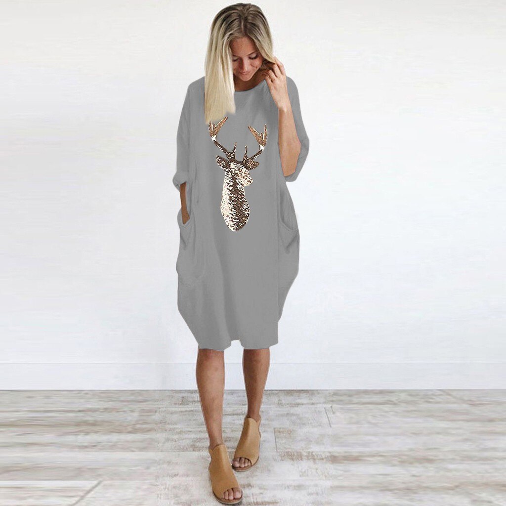 Womens Christmas Deer Print Dress Plus Size Loose Tops Ladies O Neck Long Pocket Christmas Clothes Dress vestidos 2019 NEW