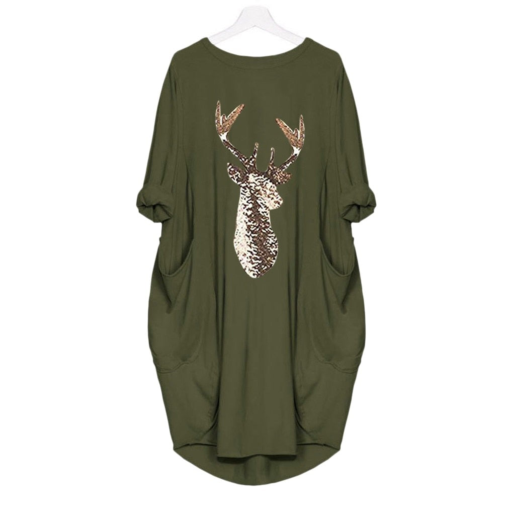 Womens Christmas Deer Print Dress Plus Size Loose Tops Ladies O Neck Long Pocket Christmas Clothes Dress vestidos 2019 NEW