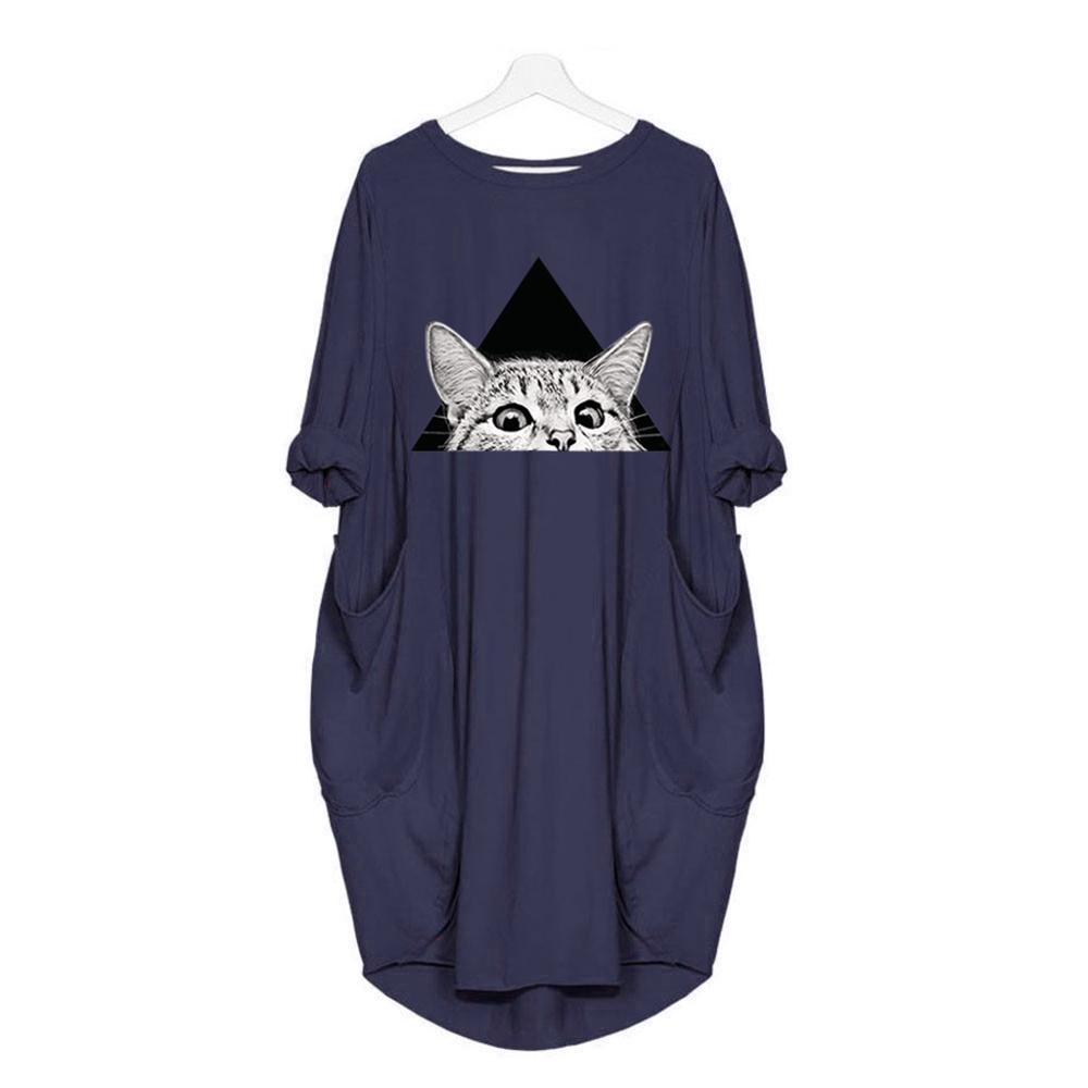 Womens Christmas Deer Print Dress Plus Size Loose Tops Ladies O Neck Long Pocket Christmas Clothes Dress vestidos 2019 NEW
