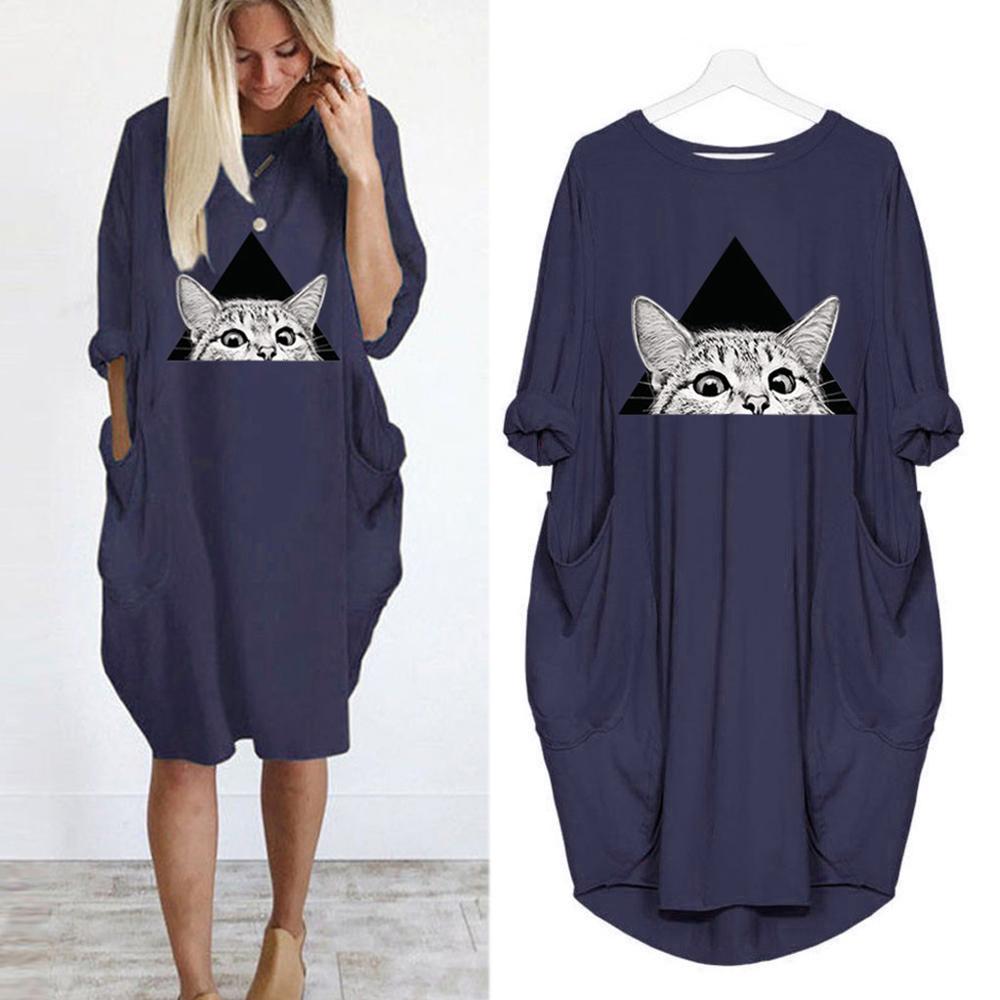 Womens Christmas Deer Print Dress Plus Size Loose Tops Ladies O Neck Long Pocket Christmas Clothes Dress vestidos 2019 NEW