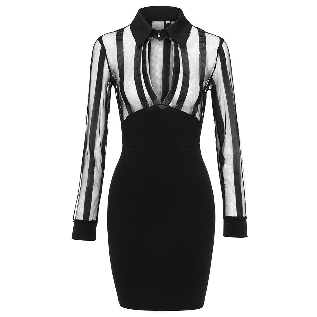 Work Dress Women Long Sleeve Sheer Striped Mesh Patchwork Bodycon Office Dress Solid Asymmetrical Neck sukienki платье женское