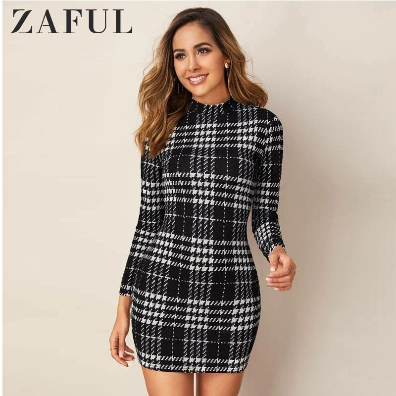 ZAFUL Plaid Dress Women Vintage Houndstooth Bodycon Sexy Mini Dress 2019 Winter Office Ladies Elegant Sheath Skinny Dress Femme