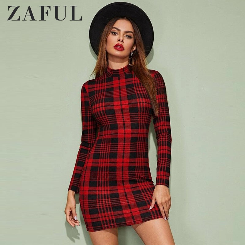 ZAFUL Plaid Dress Women Vintage Houndstooth Bodycon Sexy Mini Dress 2019 Winter Office Ladies Elegant Sheath Skinny Dress Femme