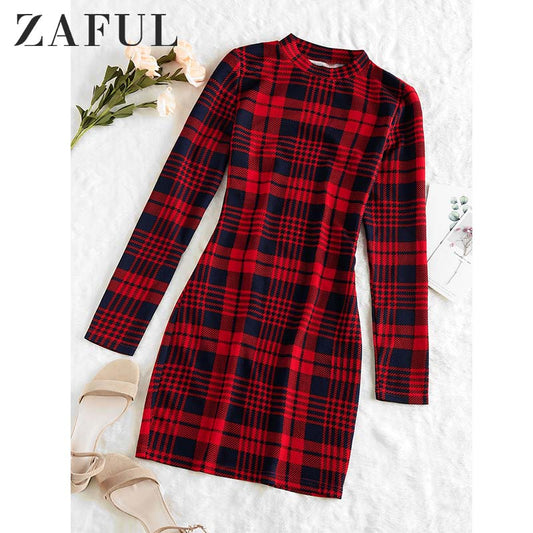 ZAFUL Plaid Dress Women Vintage Houndstooth Bodycon Sexy Mini Dress 2019 Winter Office Ladies Elegant Sheath Skinny Dress Femme