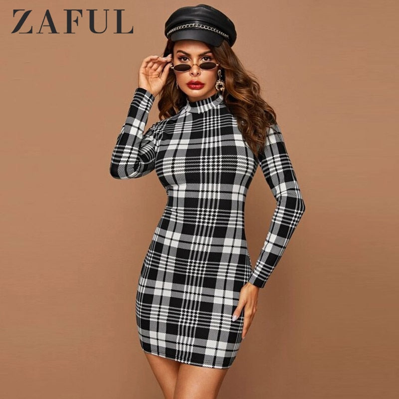 ZAFUL Plaid Dress Women Vintage Houndstooth Bodycon Sexy Mini Dress 2019 Winter Office Ladies Elegant Sheath Skinny Dress Femme