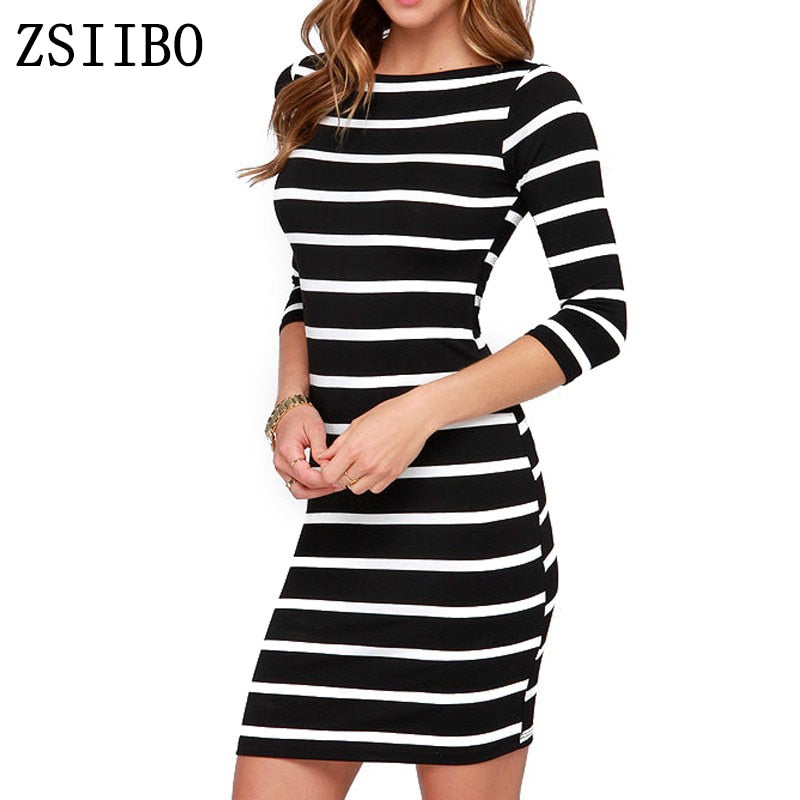 ZSIIBO LYQ61 New Spring Summer Women Round Neck Fashion Black and White Striped Long Sleeve Straight Plus Size Casual Dress