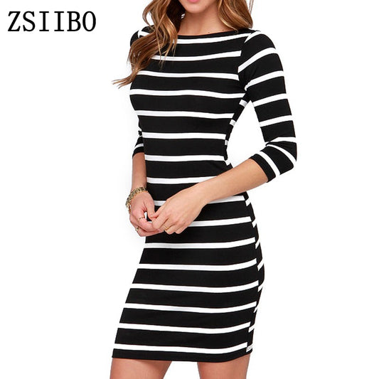 ZSIIBO LYQ61 New Spring Summer Women Round Neck Fashion Black and White Striped Long Sleeve Straight Plus Size Casual Dress