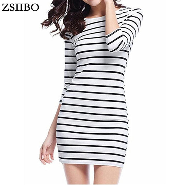 ZSIIBO LYQ61 New Spring Summer Women Round Neck Fashion Black and White Striped Long Sleeve Straight Plus Size Casual Dress